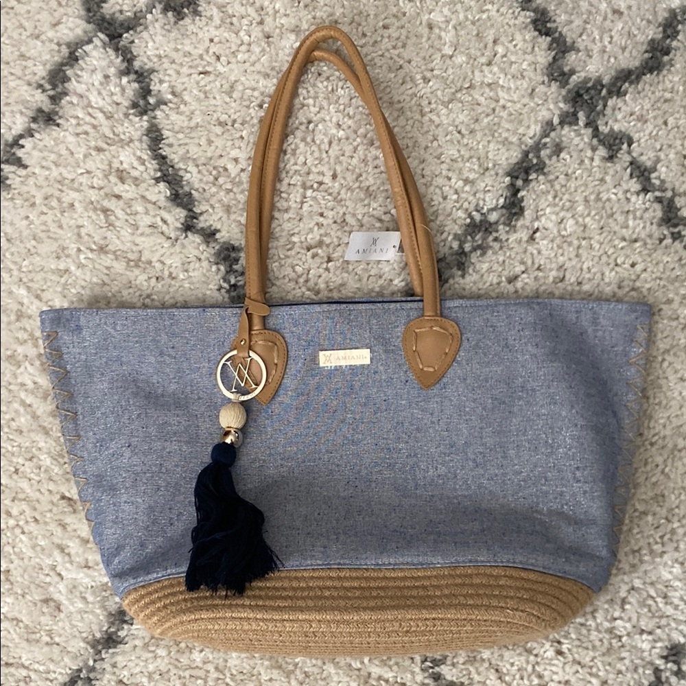 Blue and Tan Tote Bag with Sturdy Handles and Tassel Accent